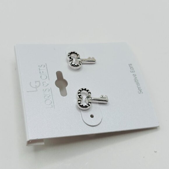 Lori’s Gifts Silver Key Stud Earrings Rhinestone Detail Hypoallergenic NWT - Picture 3 of 4